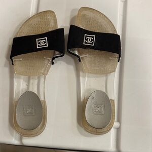 CHANEL Black Slide Mules with Clear Lucite Heel